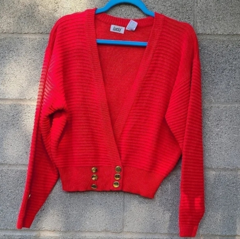 Women's Red V-Neck Sweater with Gold Button Accents By Lucia Size M